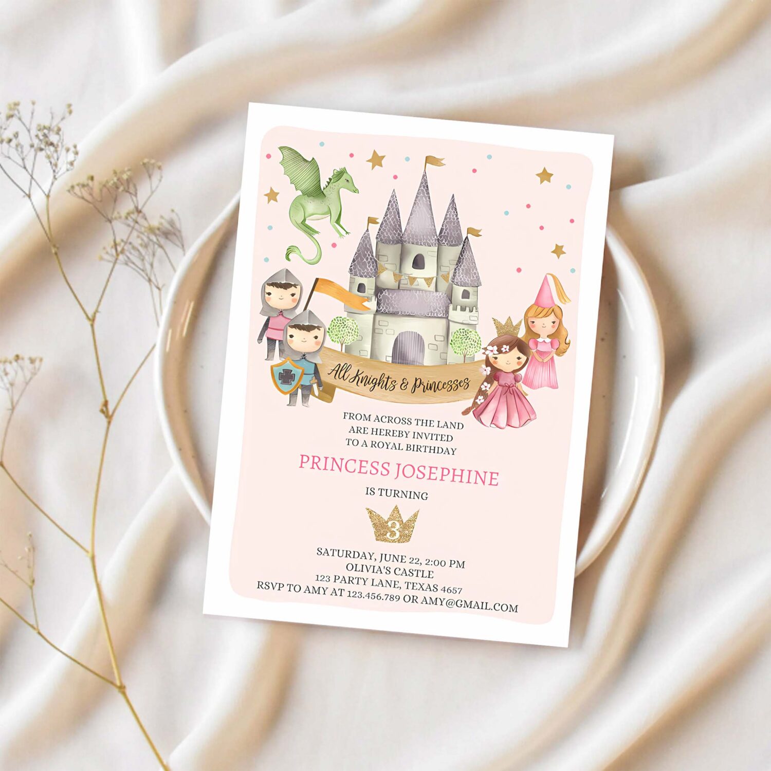 Princess and knight birthday invitation once upon a time princess royal birthday girl pink castle 1