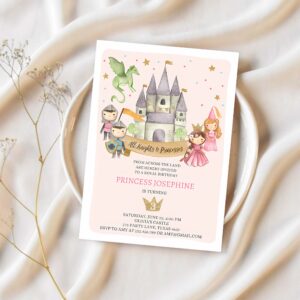 Princess and knight birthday invitation once upon a time princess royal birthday girl pink castle 1