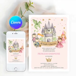 Princess Invitation, Princess and Knight Birthday Invitation, Once Upon a Time Princess Royal Birthday Girl Pink Castle
