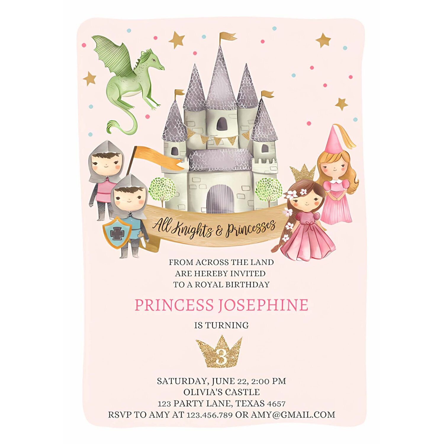 Princess and knight birthday invitation once upon a time princess royal birthday girl pink castle 4