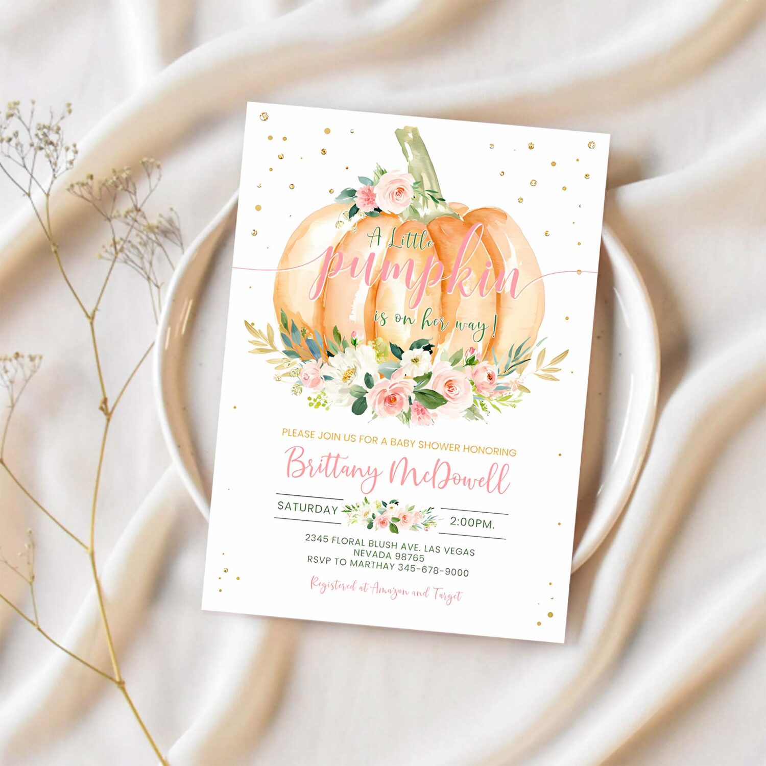 Pumpkin baby shower invitation editable girl pumpkin baby shower invites fall autumn invitations 1