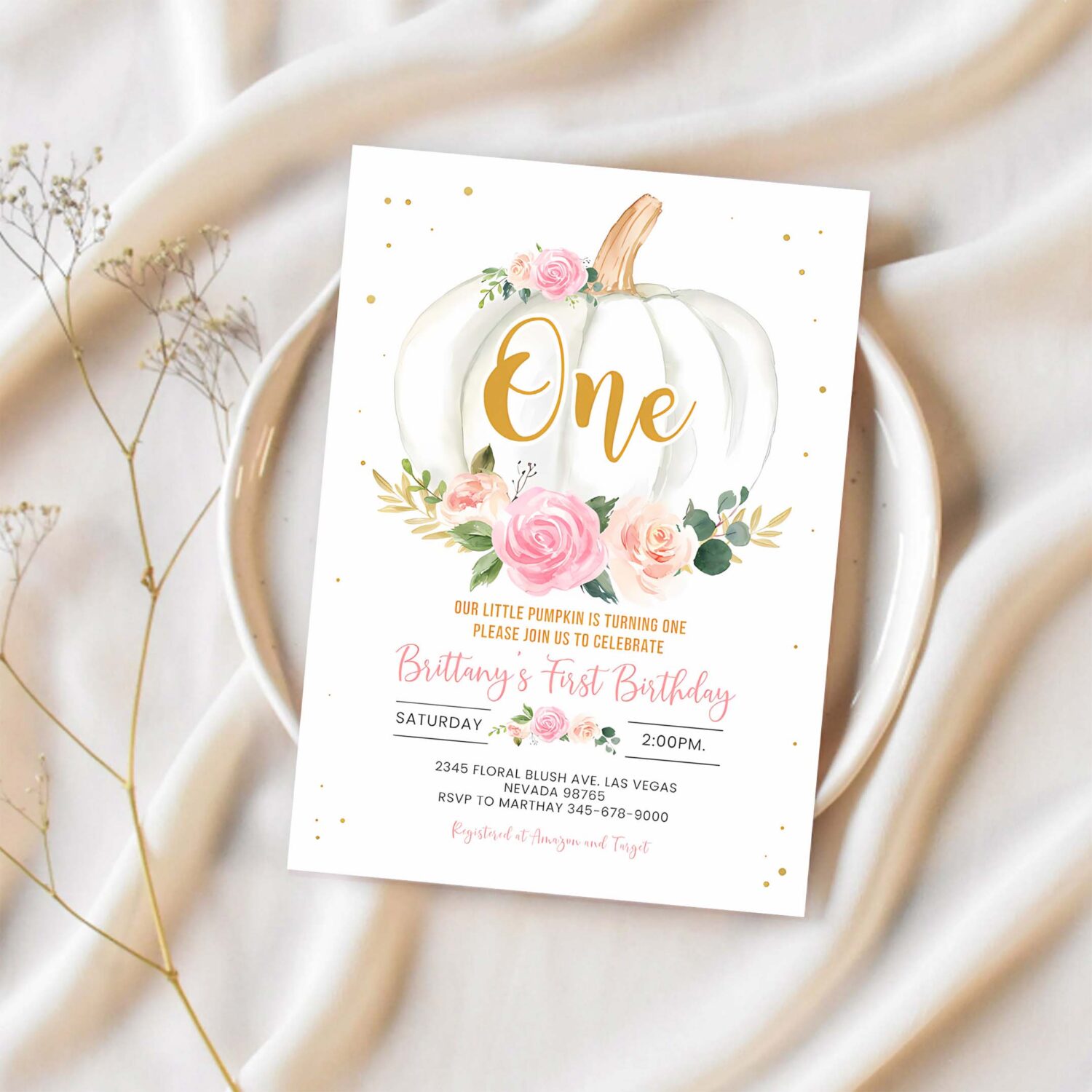 Pumpkin birthday invitation first birthday floral pink and gold girl white pumpkin 1st fall autumn 1