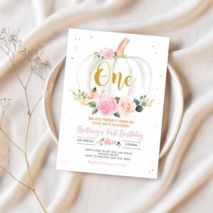 Pumpkin birthday invitation first birthday floral pink and gold girl white pumpkin 1st fall autumn 1