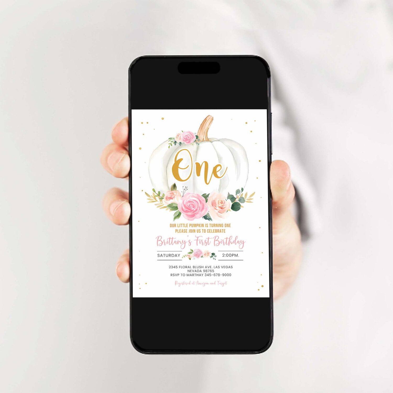 Pumpkin birthday invitation first birthday floral pink and gold girl white pumpkin 1st fall autumn 2
