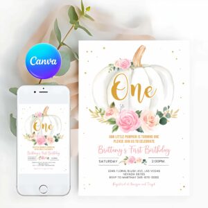 Pumpkin Invitation, Pumpkin Birthday Invitation, First Birthday Floral Pink and gold Girl White Pumpkin, 1st Fall Autumn