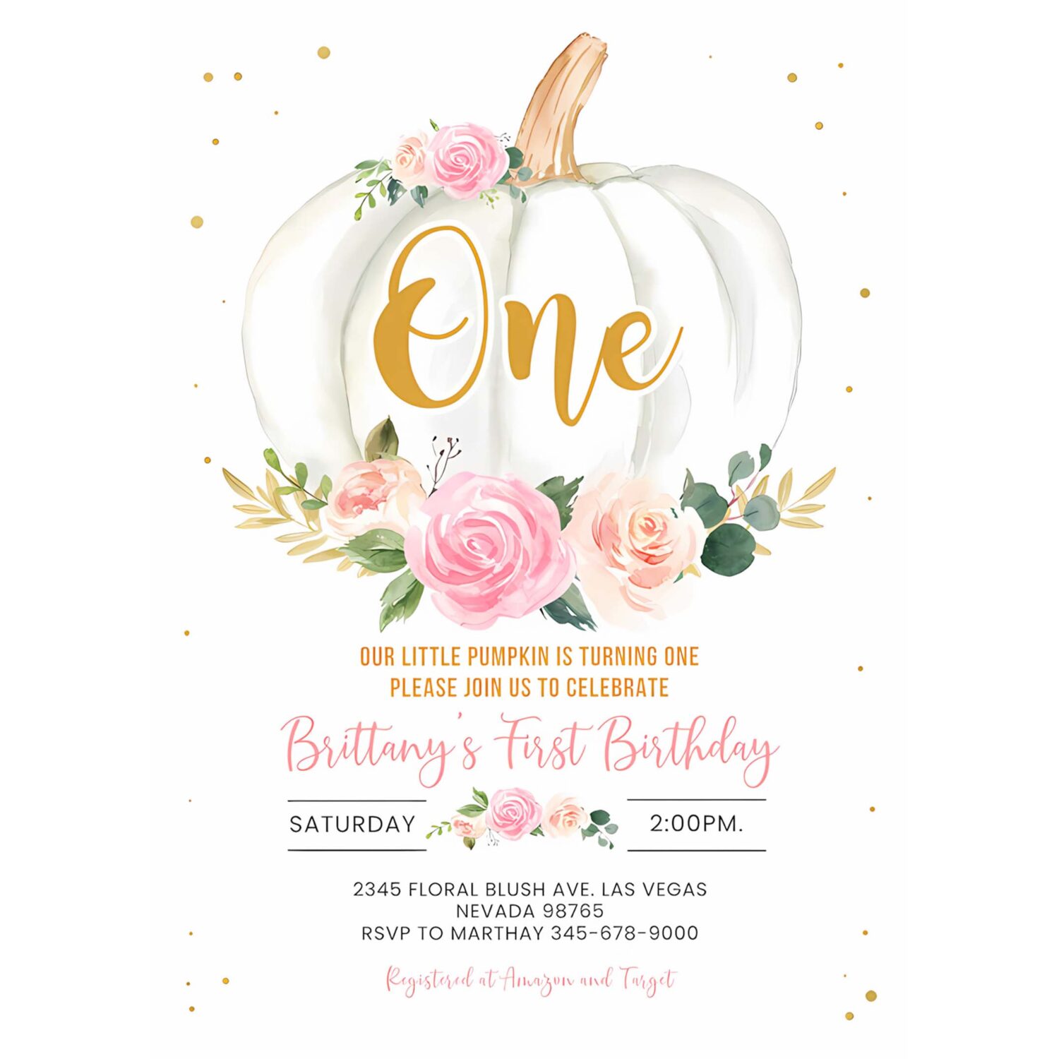 Pumpkin birthday invitation first birthday floral pink and gold girl white pumpkin 1st fall autumn 4