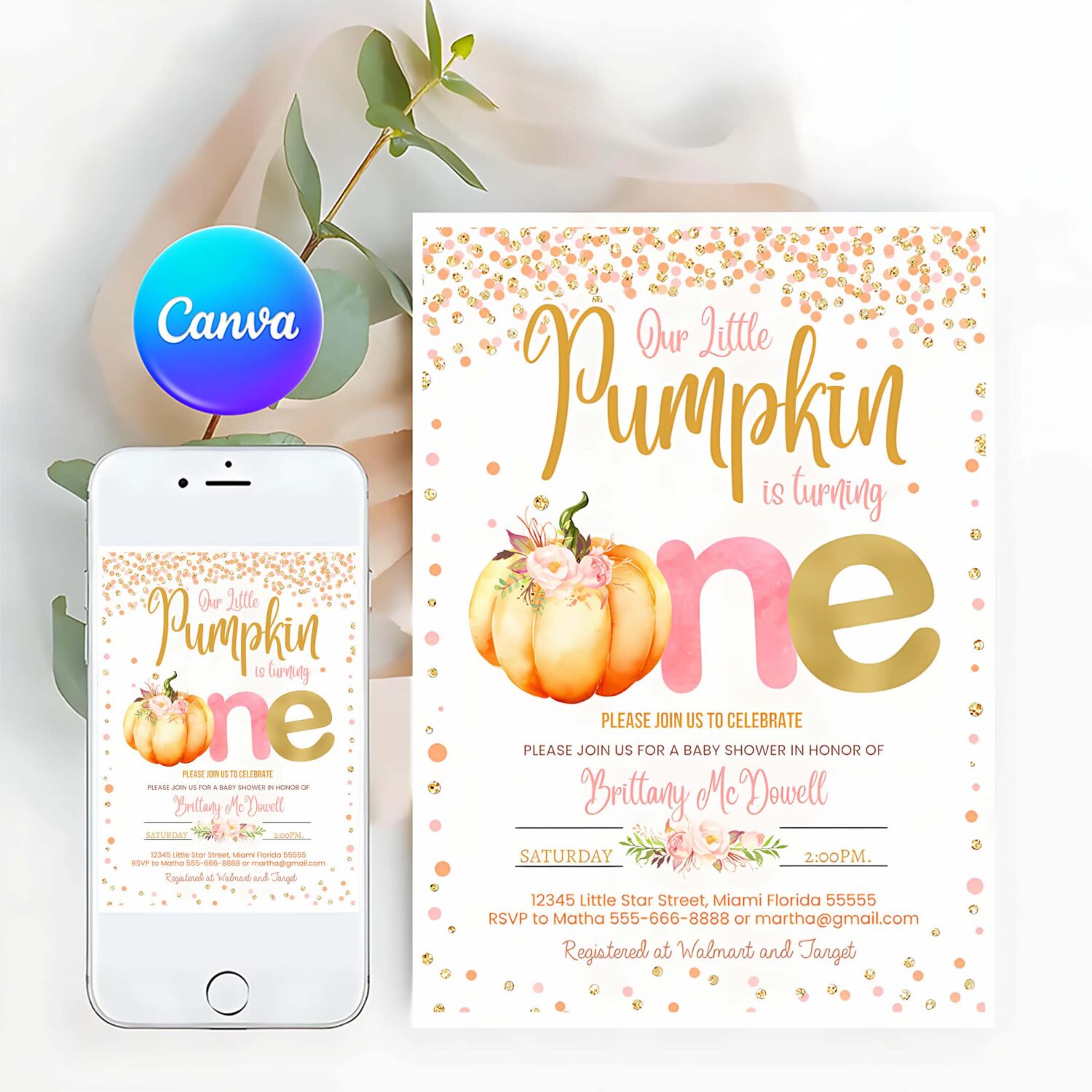 Pumpkin first birthday invitation little pumpkin invitations fall autumn 1st birthday invites