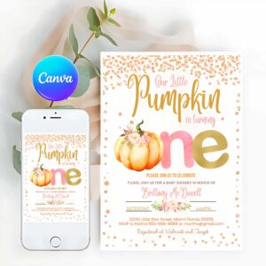 Pumpkin Invitation, Pumpkin First Birthday Invitation, Little pumpkin Invitations, Fall Autumn 1st Birthday Invites