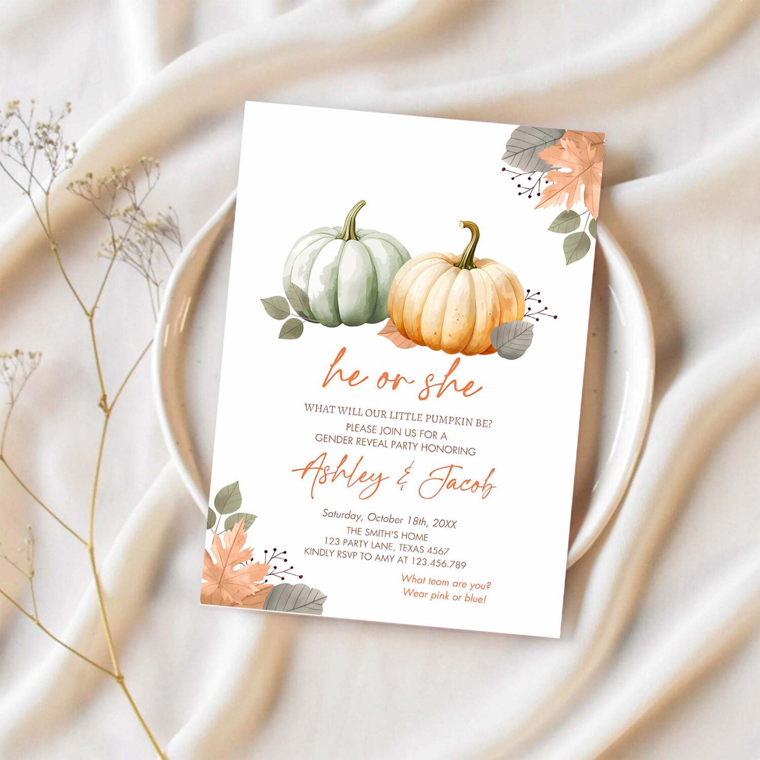 Pumpkin gender reveal invitation he or she gender neutral boy or girl little pumpkin 1