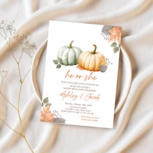 Pumpkin gender reveal invitation he or she gender neutral boy or girl little pumpkin 1