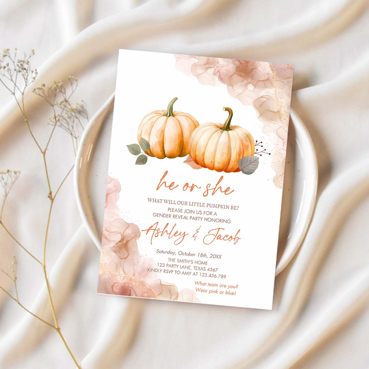 Pumpkin gender reveal invitation he or she gender neutral boy or girl little pumpkin fall boho autumn halloween 1