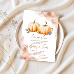 Pumpkin gender reveal invitation he or she gender neutral boy or girl little pumpkin fall boho autumn halloween 1