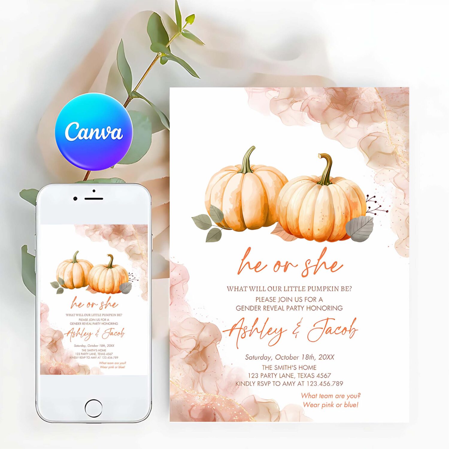 Pumpkin gender reveal invitation he or she gender neutral boy or girl little pumpkin fall boho autumn halloween