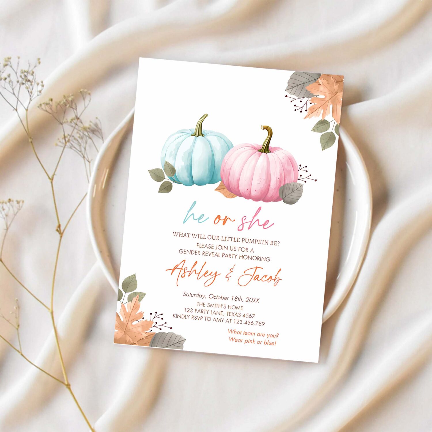 Pumpkin gender reveal invitation he or she pink or blue boy or girl little pumpkin fall boho autumn 1