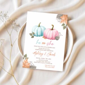 Pumpkin gender reveal invitation he or she pink or blue boy or girl little pumpkin fall boho autumn 1