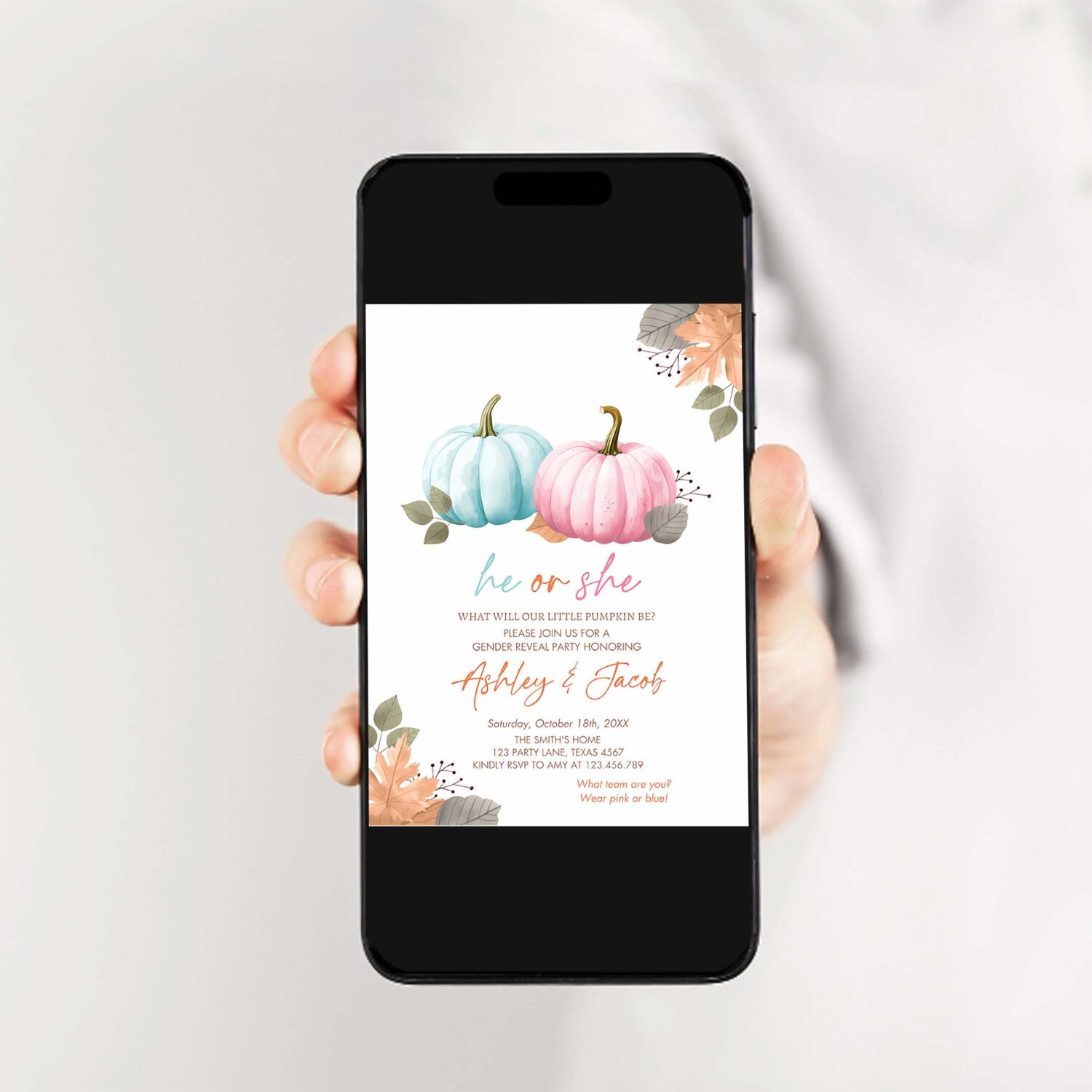 Pumpkin gender reveal invitation he or she pink or blue boy or girl little pumpkin fall boho autumn 2