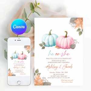 Pumpkin Invitation, Pumpkin Gender Reveal Invitation, He or She Pink or Blue Boy or Girl Little Pumpkin Fall Boho Autumn