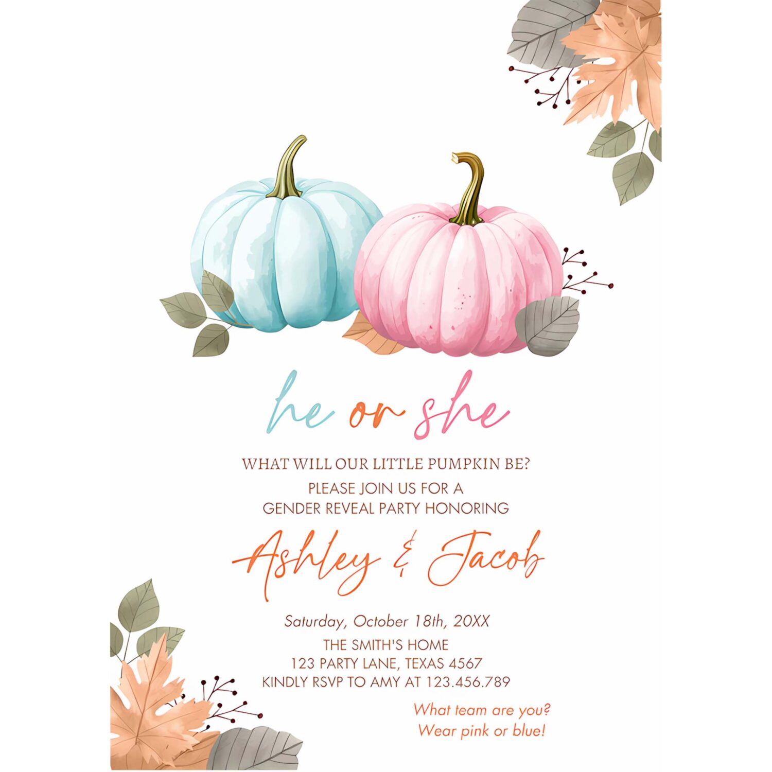 Pumpkin gender reveal invitation he or she pink or blue boy or girl little pumpkin fall boho autumn 4