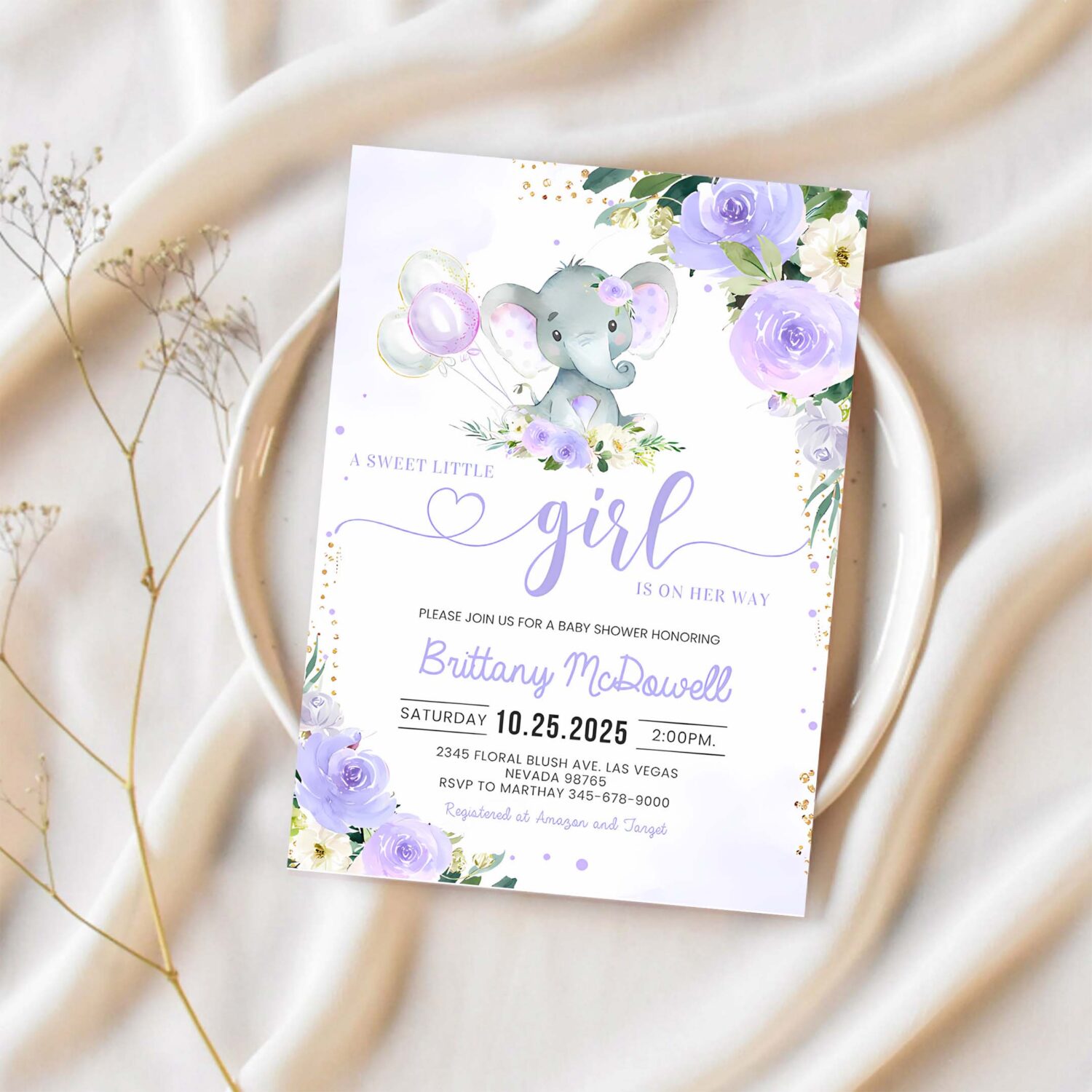 Purple elephant baby shower invitation girl baby shower elephant invite 1