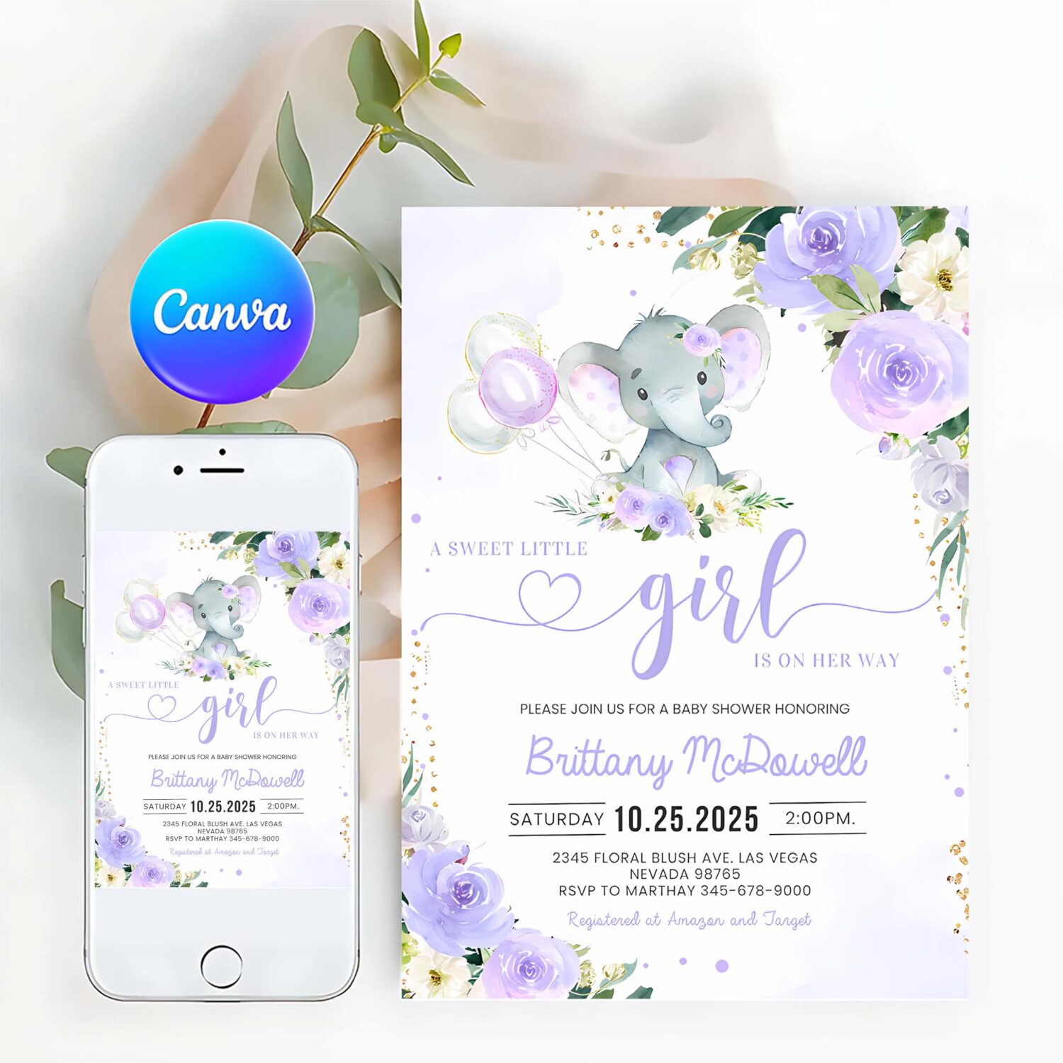 Purple elephant baby shower invitation girl baby shower elephant invite