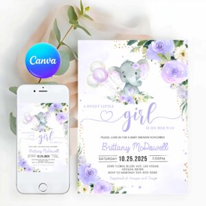 Baby Shower Invitation, Purple Elephant Baby Shower Invitation, Girl Baby Shower Elephant Invite