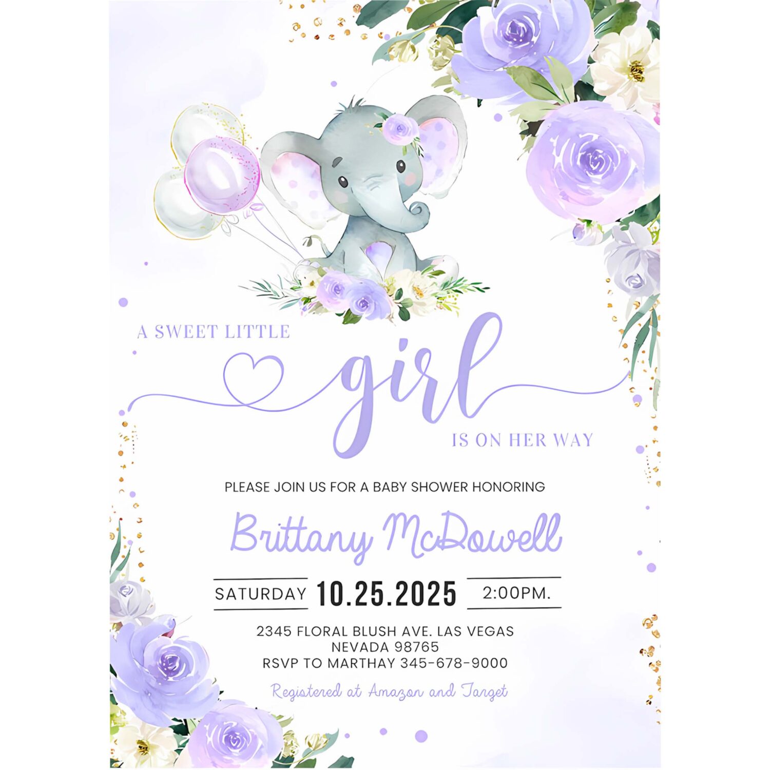 Purple elephant baby shower invitation girl baby shower elephant invite 4