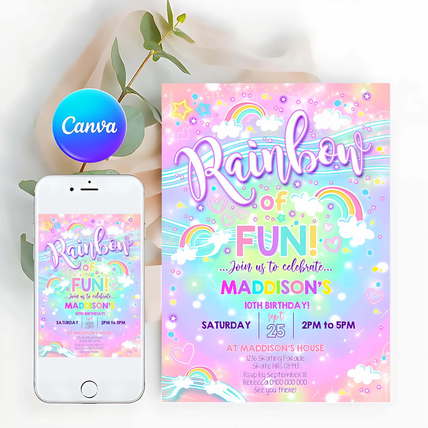 Rainbow cloud invitation rainbow neon party invitation