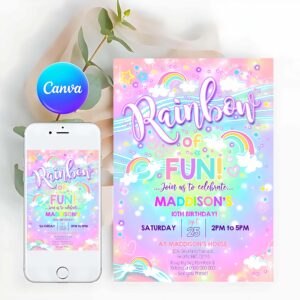 Neon Invitation, RAINBOW Cloud Invitation, Rainbow Neon Party Invitation