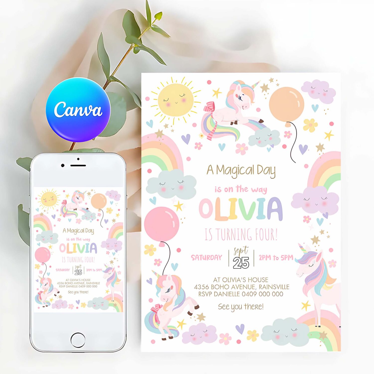 Rainbow unicorn birthday invitation magical unicorn party invite