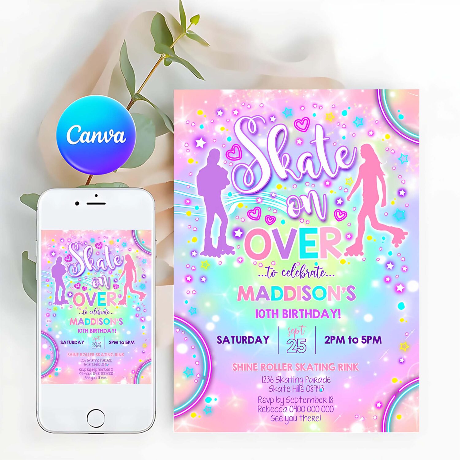 Roller skating birthday invitation roller skate invitation roller skate tie dye invitation neon skate party skate on over