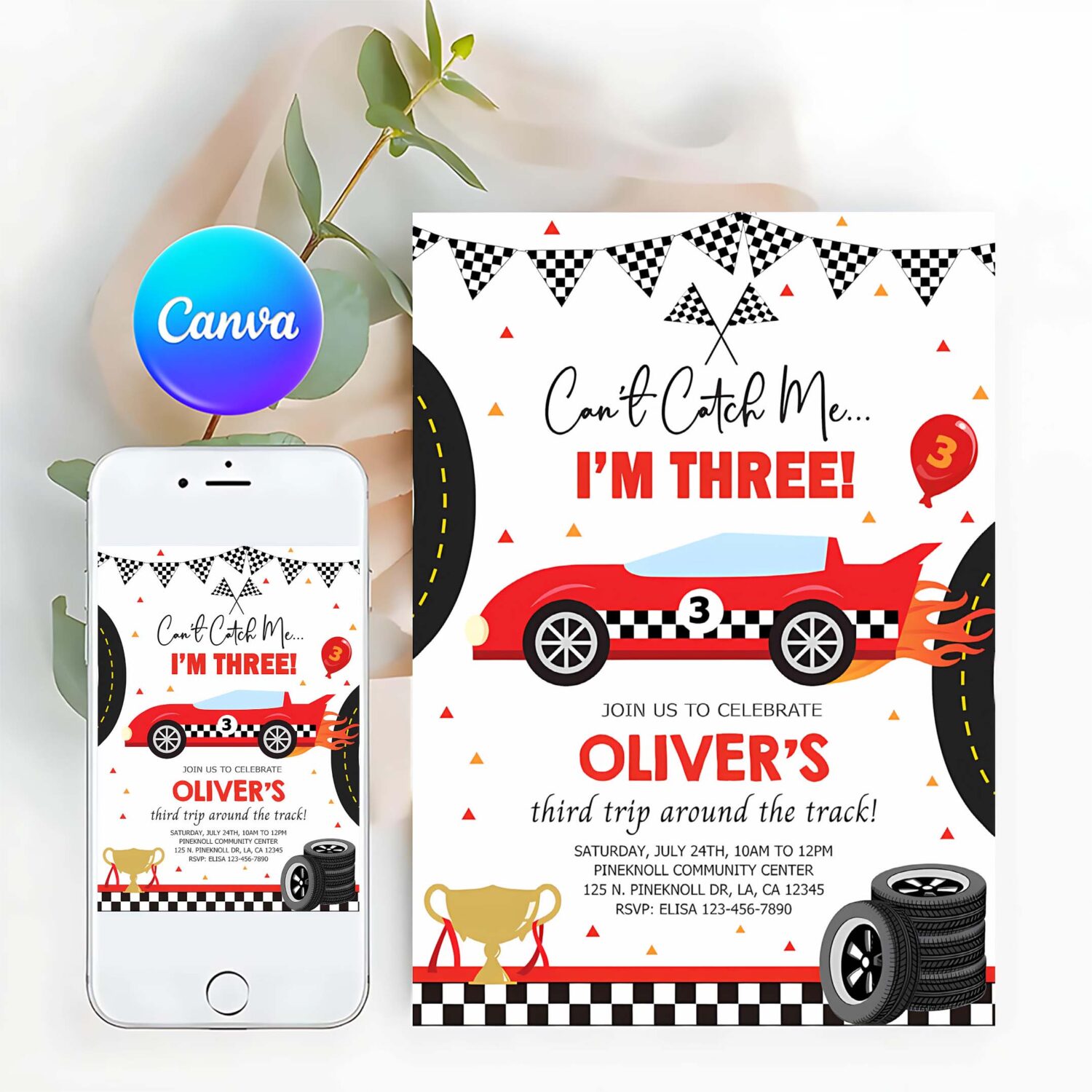 Race car boy birthday invitation cant catch me im three boy 3rd third birthday invite