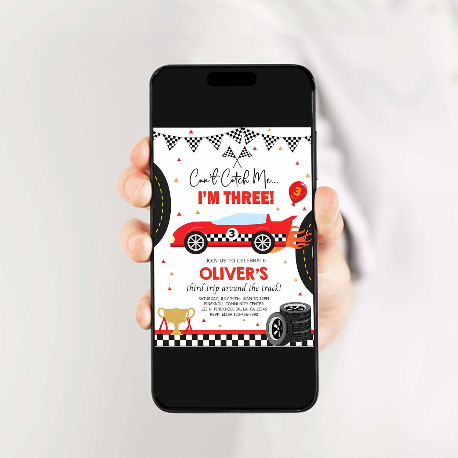 Race car boy birthday invitation cant catch me im three boy 3rd third birthday invite 2