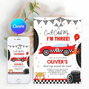 Racing Car Invitation, Race car boy birthday Invitation, can't catch me i'm three boy 3rd third birthday invite