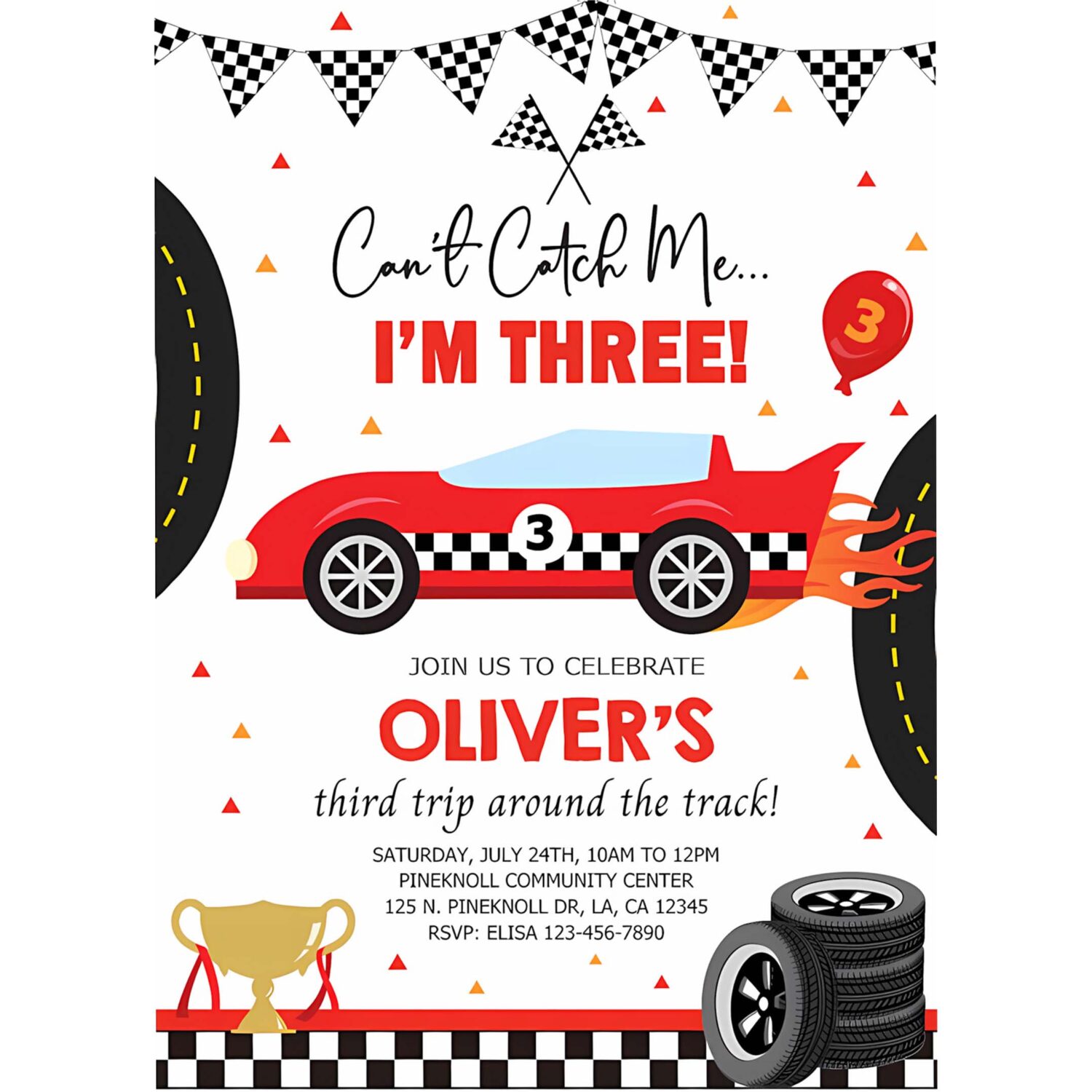 Race car boy birthday invitation cant catch me im three boy 3rd third birthday invite 4