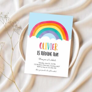 Rainbow birthday invitation boy girl neutral clouds blue rainbow fun over the rainbow party 1
