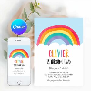 Rainbow Invitation, Rainbow Birthday Invitation, Boy Girl Neutral Clouds Blue Rainbow Fun Over the Rainbow Party