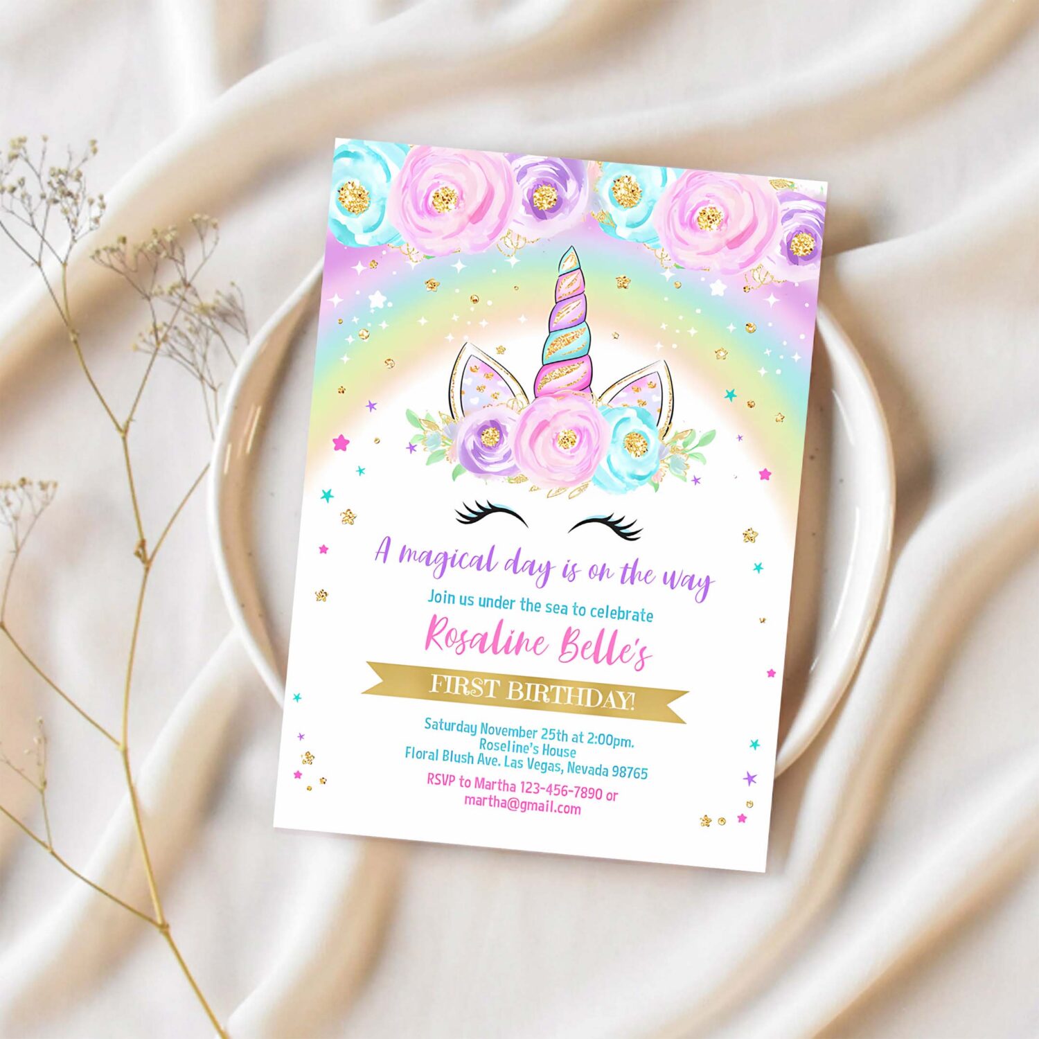 Rainbow unicorn birthday invitation editable unicorn party floral magical unicorn invite unicorn and rainbow 1