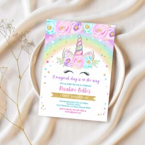 Rainbow unicorn birthday invitation editable unicorn party floral magical unicorn invite unicorn and rainbow 1