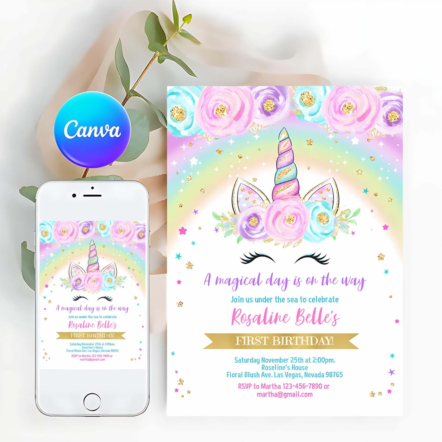 Rainbow unicorn birthday invitation editable unicorn party floral magical unicorn invite unicorn and rainbow