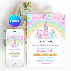 Floral Invitation, Rainbow Unicorn Birthday Invitation, Unicorn party, Floral Magical Unicorn Invitation, Unicorn Invitation