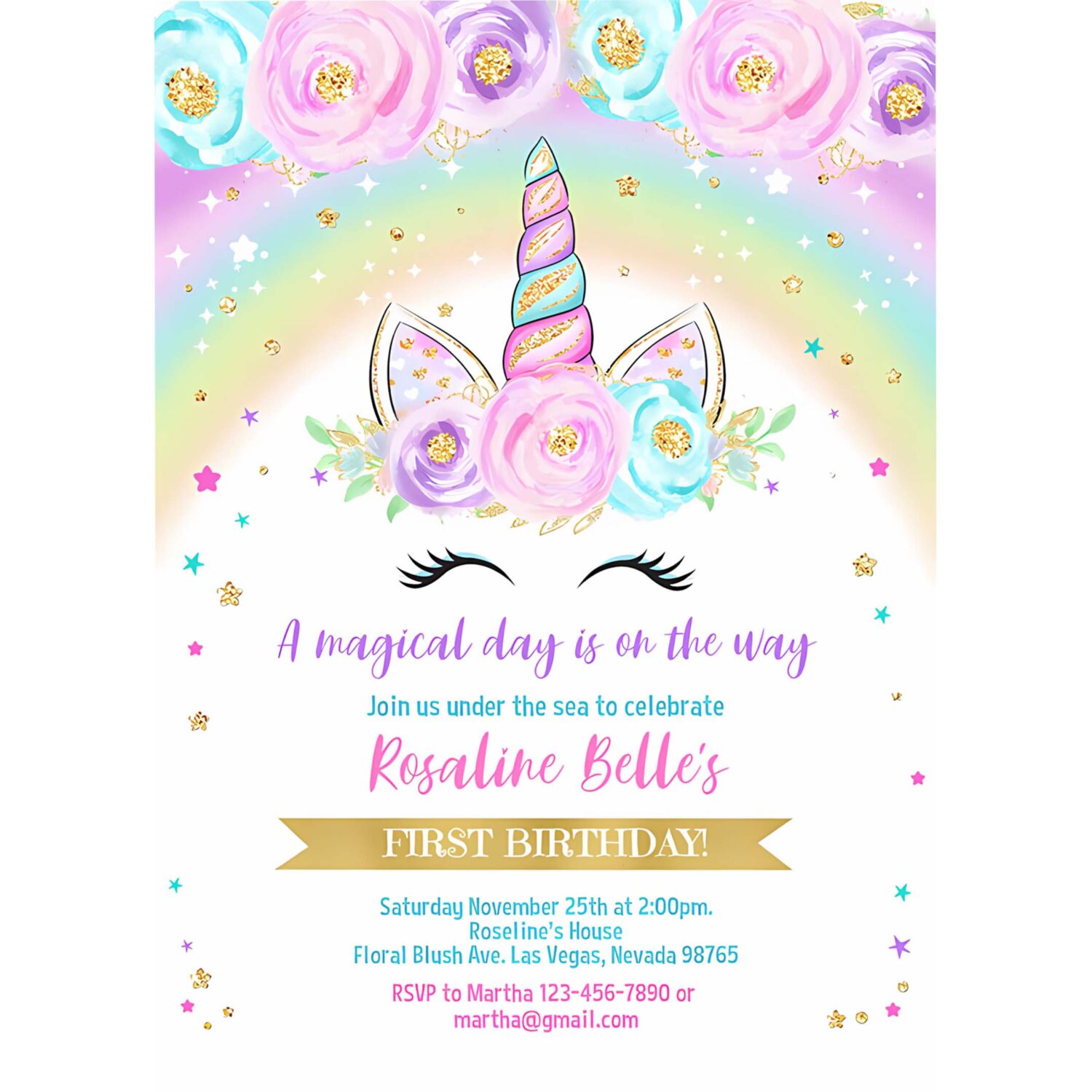 Rainbow unicorn birthday invitation editable unicorn party floral magical unicorn invite unicorn and rainbow 4