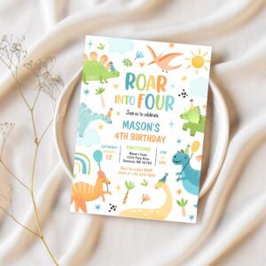 Roar into four boy dinosaur 4th birthday party invitation b68o 1