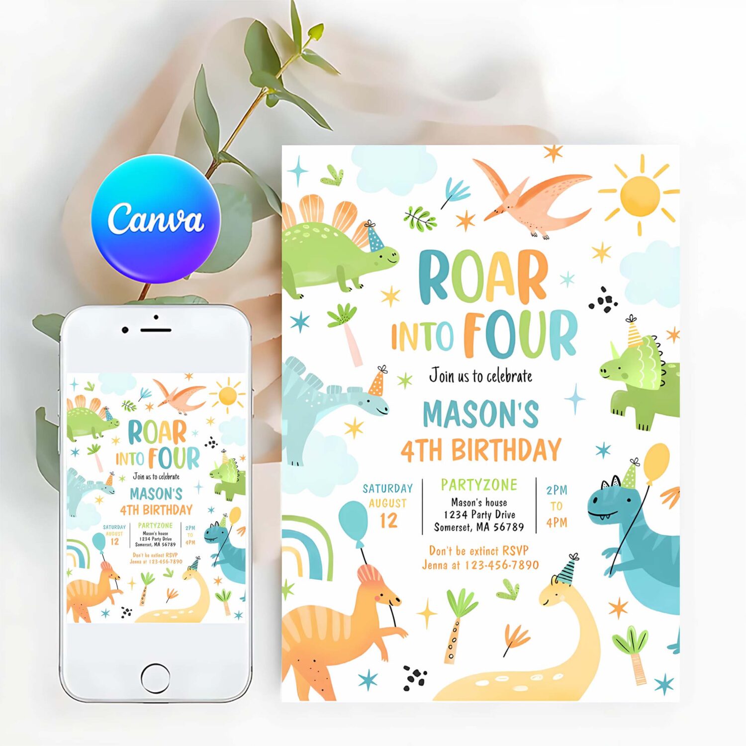 Roar into four boy dinosaur 4th birthday party invitation b68o