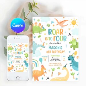 Dinosaur Invitation, Roar Into Four Boy Dinosaur 4th Birthday Party Invitation