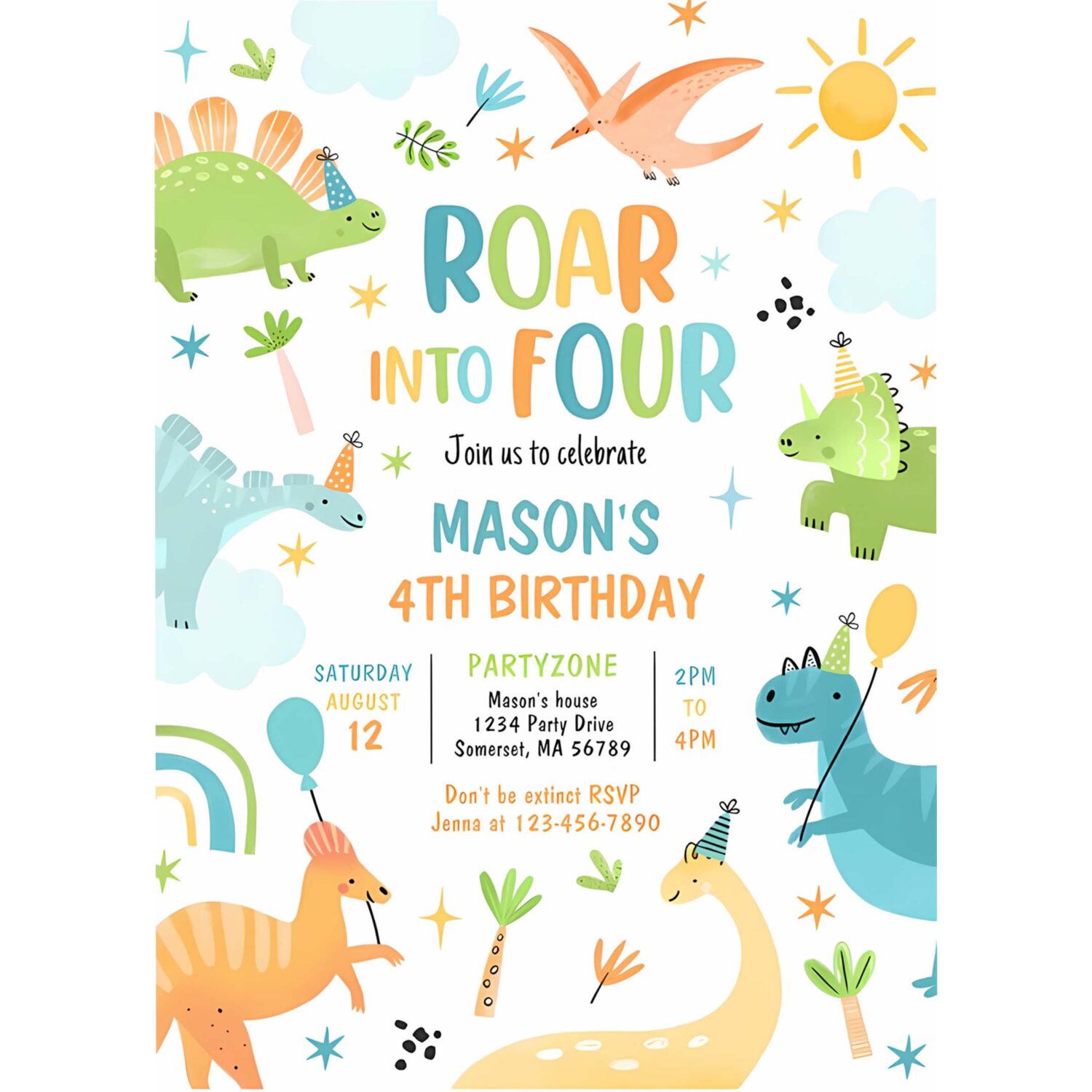 Roar into four boy dinosaur 4th birthday party invitation b68o 4