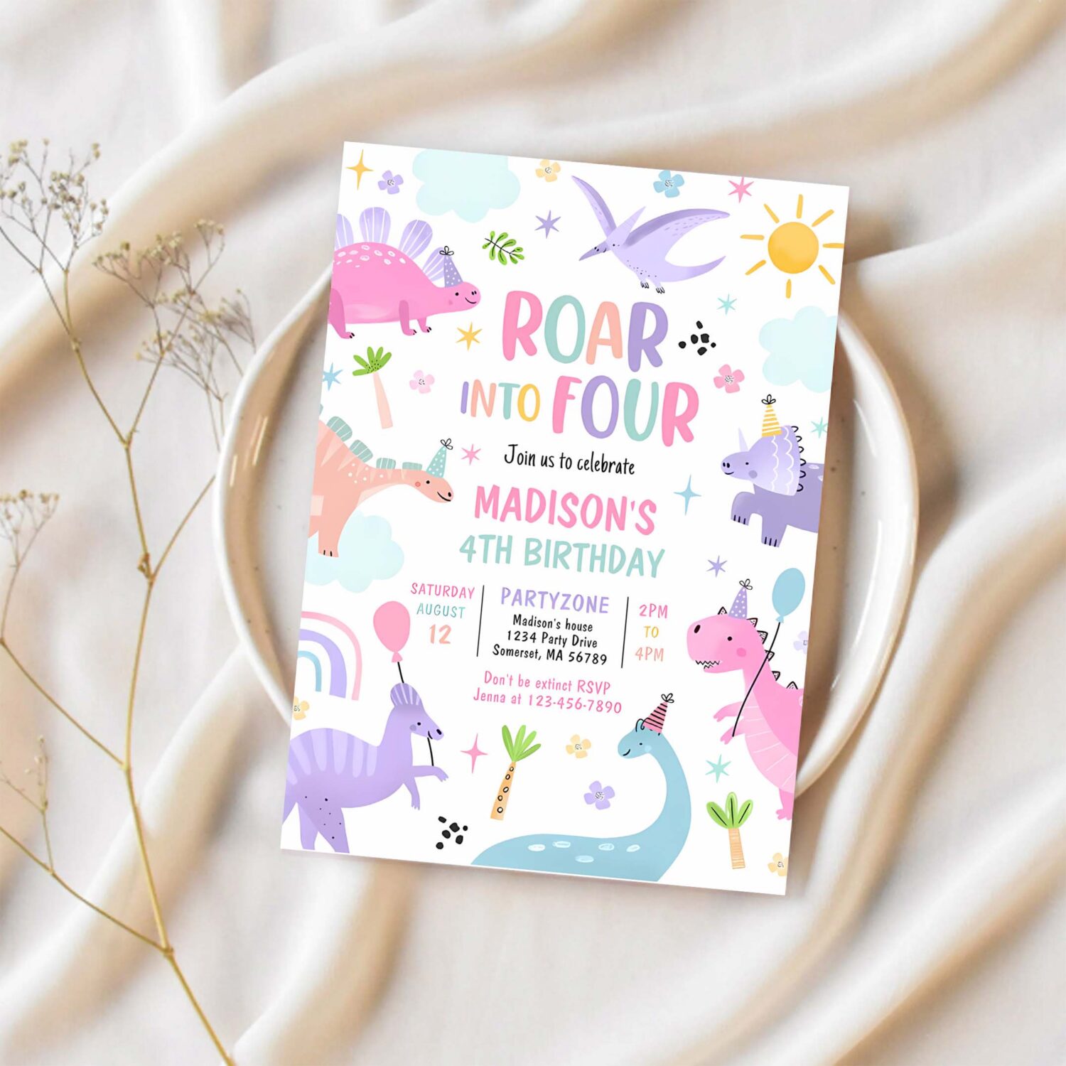 Roar into four pink dinosaur 4th birthday party invitation q33t 1