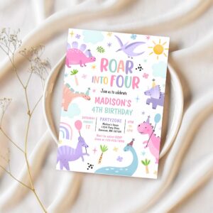 Roar into four pink dinosaur 4th birthday party invitation q33t 1
