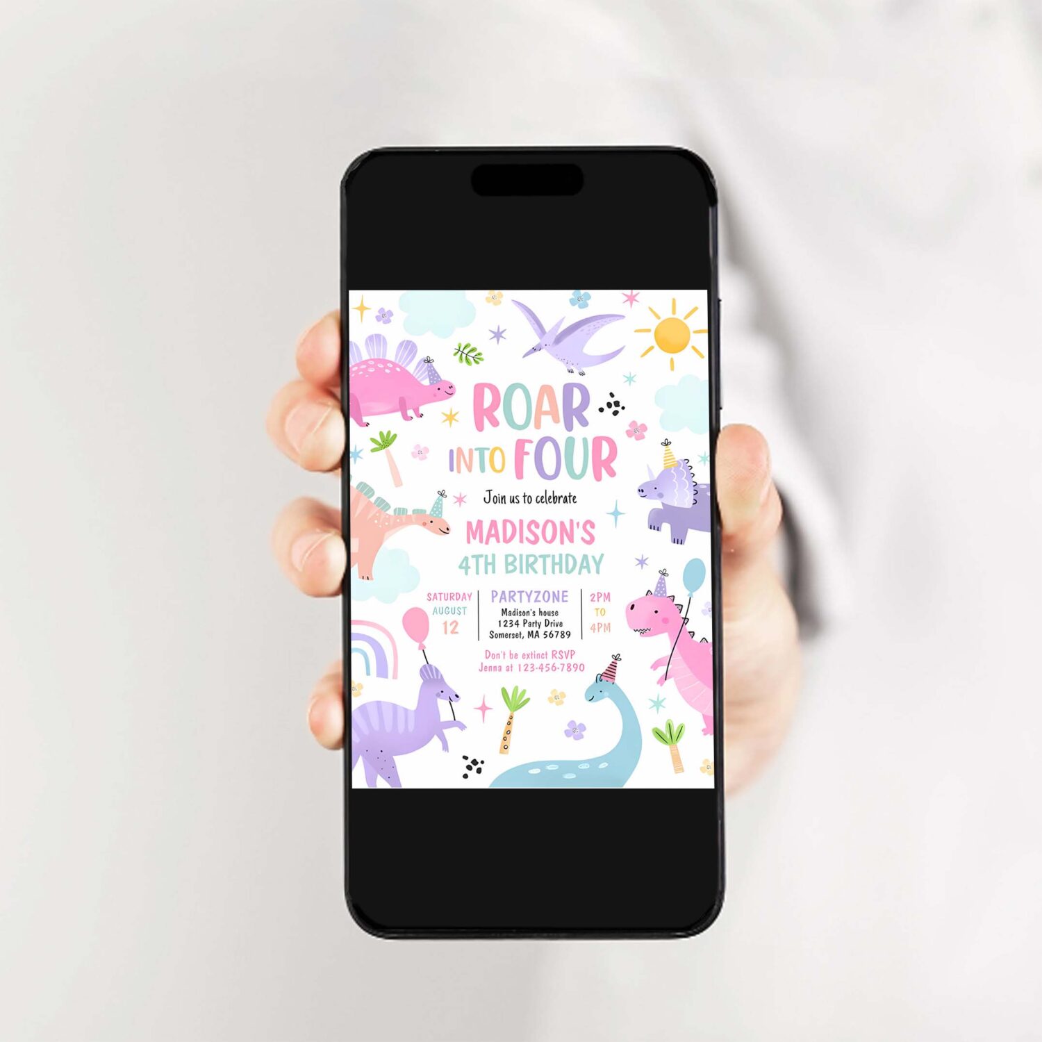 Roar into four pink dinosaur 4th birthday party invitation q33t 2