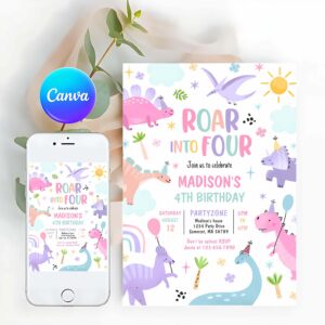 Dinosaur Invitation, Roar Into Four Pink Dinosaur 4th Birthday Party Invitation