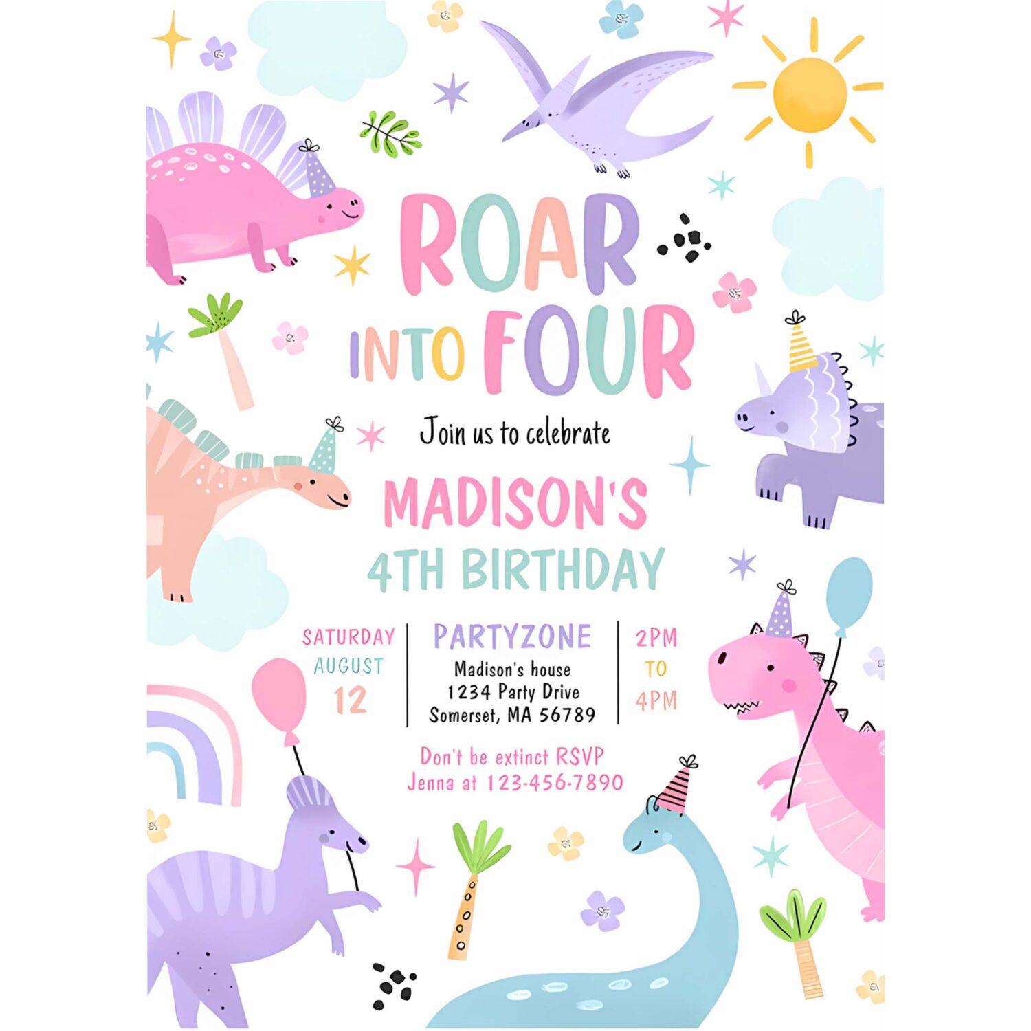 Roar into four pink dinosaur 4th birthday party invitation q33t 4